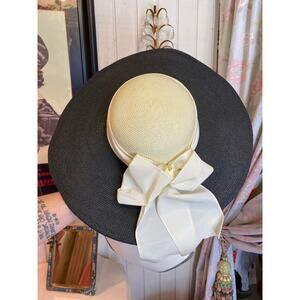 Vintage 1980s wide brim hat cream and black satin bow whittall classic 80 summer